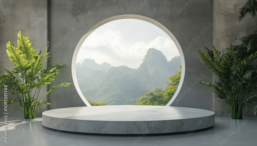 Poster empty concrete room with large circle window and round podium for product presentation in a nature s