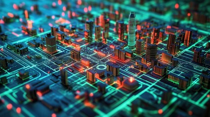 Obraz premium A vibrant, digital cityscape with glowing buildings and intricate circuits, illustrating a futuristic urban environment.