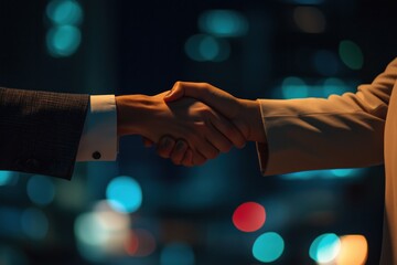 Aperto de mãos entre dois profissionais em ambiente corporativo, simbolizando acordo e parceria, criado por IA generativa.