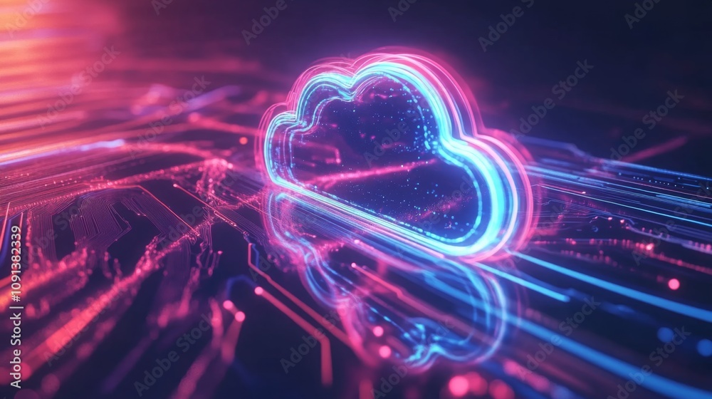 Poster A vibrant cloud shape glows with blue and pink neon lights, surrounded by intricate circuit lines in a dark environment, representing the theme of modern technology and digital connectivity.