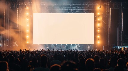 Blank billboard mockup at a music festival, with crowds of people and stage lights