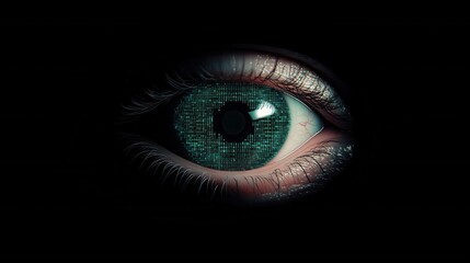 Fototapeta premium A close-up of a human eye with a digital, green grid pattern, set against a dark background, evoking themes of technology and surveillance.