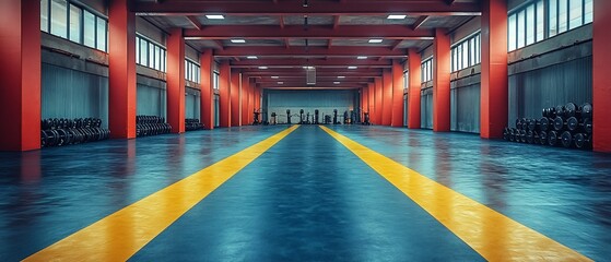 Fototapeta premium A spacious gym interior with red pillars and yellow lines on the floor, designed for workouts.