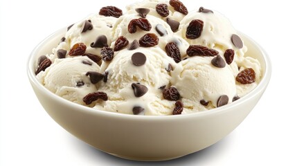 Creamy vanilla ice cream scoops adorned with rich chocolate chips and plump raisins in a classic white bowl.