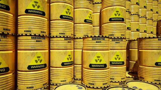 Dump Of Yellow And Black Barrels With Nuclear Radioactive Waste. Danger Of Radiation Contamination Of Industrial Containers. 3D Animation