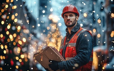 Naklejka premium builder on christmas background professional stock photo 