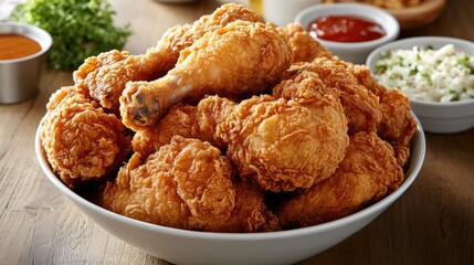 A large bowl overflowing with crispy fried chicken drumsticks served on a wooden table, accompanied by various colorful dipping sauces and fresh garnishes