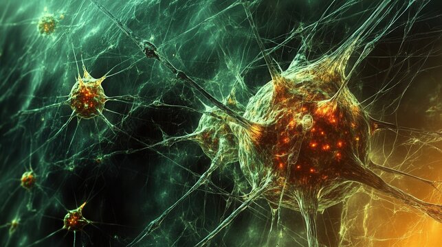 A vibrant, abstract depiction of cells, showcasing intricate structures and connections, representing biological processes at a microscopic level.