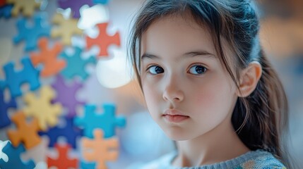 Young girl with autism gazing thoughtfully, set against a blurred backdrop of colorful puzzle pieces symbolizing autism and child mental health awareness