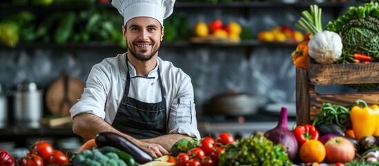 Obraz premium Chef Smiles Among Fresh Produce