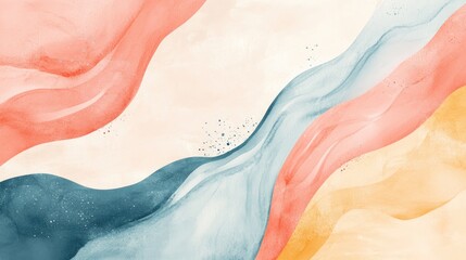 Fototapeta premium Abstract watercolor wallpaper design featuring flowing waves in soft hues of blue, coral, and amber, ideal for banners, postcards, and book illustrations.