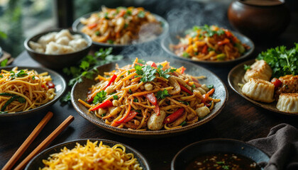 Fototapeta premium Close-up of Asian dishes like stir-fried vegetables and dumplings with chopsticks.