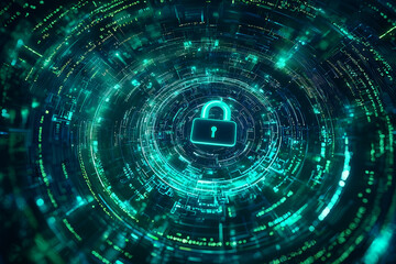 Obraz premium A holographic padlock symbol rotates within cybernetic environment, representing security and digital protection. vibrant green and blue lights create futuristic atmosphere, emphasizing importance of