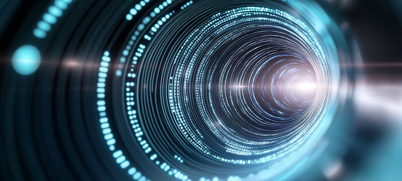 A swirling vortex of digital binary code streams in green and blue, with abstract glowing edges and a soft-focus effect