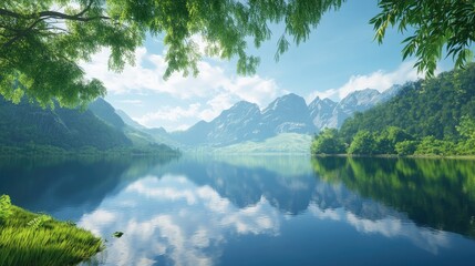 Serene lake reflecting majestic mountains surrounded by vibrant greenery under a clear blue sky, creating a picturesque and tranquil landscape.