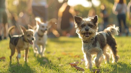 Defocused image of a lively dog park with energetic pups and their happily chatting humans.