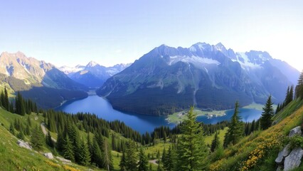Obraz premium Breathtaking Mountain Lake Panorama: Perfect for Wall Art, Desktop Backgrounds, and Nature Enthusiasts