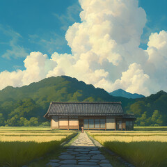 A traditional Japanese house in the countryside, with a soft cloudy sky, diffused light casting a serene glow over the wooden structure, surrounded by lush green field. Created using generative AI.