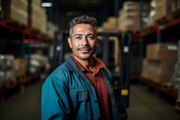 Obraz premium Portrait of a Hispanic middle aged male worker in warehouse
