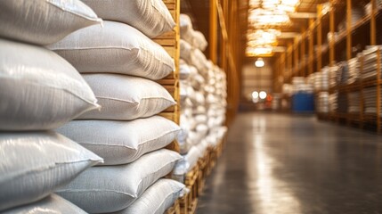 Storage warehouse filled with white bags containing animal feed grains stacked on wooden pallets in a well-lit environment