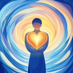 Burnout emotional wellbeing, radiant figure embracing a glowing heart-shaped aura, vibrant swirling colors symbolizing balance and harmony, 3D illustration