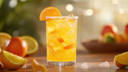 Naklejka premium Vibrant citrus cocktail with orange slices and colorful fruits on a sunny wooden surface, perfect for summer refreshment and party ideas.