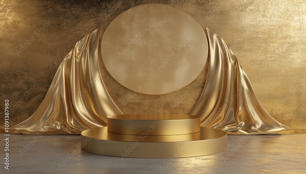 Poster 3d render gold with fabric flutter geometric shapes on empty pedestal with circle wall shape and gra
