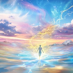 Burnout recovery, serene landscape with glowing energy waves, stressed figure rejuvenating in vibrant light, 3D illustration