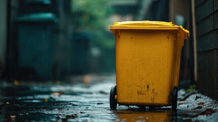 Naklejka premium Yellow two-wheeled garbage bin positioned on a wet surface in an alley, surrounded by blurred structures and greenery in the background.