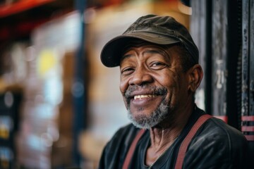 Fototapeta premium Portrait of a middle aged male forklift worker in warehouse