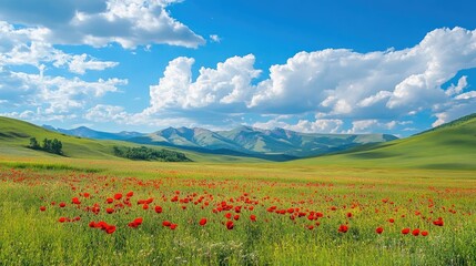 Vivid summer landscape featuring a sprawling field of bright red poppies under a blue sky with fluffy white clouds and distant mountains.