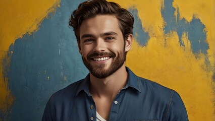 Portrait of a cheerful young boy smiling confidently, standing against a vibrant colorful background, showing happiness and energy in a casual outfit