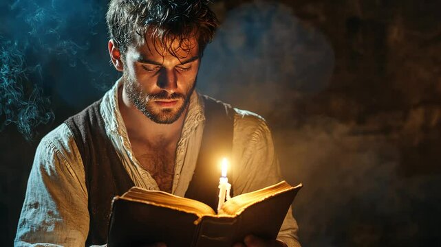 A man reading a book while holding a candle illumination background art Video