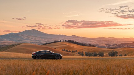 A sleek car parked on a scenic road amidst rolling hills at sunset.