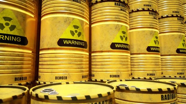 Dump Of Yellow And Black Barrels With Nuclear Radioactive Waste. Danger Of Radiation Contamination Of Industrial Containers. 3D Animation