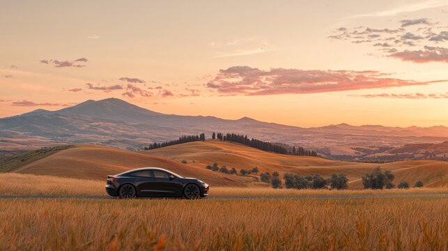 A sleek car parked on a scenic road amidst rolling hills at sunset.
