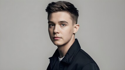 Fototapeta premium a portrait of a handsome young man with a confident look, dressed casually, standing against a simple background, radiating charm and modern personality