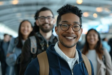 Fototapeta premium Group portrait of flight members of diverse ethnicity at airport