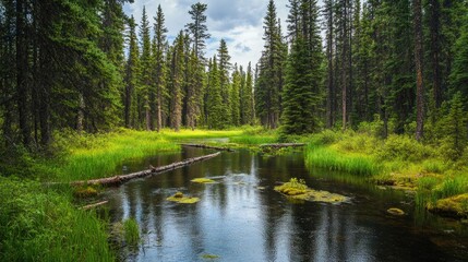 Obraz premium Vibrant coniferous forest reflecting in a serene river surrounded by lush greenery and tall trees under a cloudy sky.