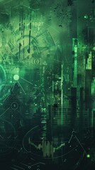 Futuristic cityscape, abstract green digital design.