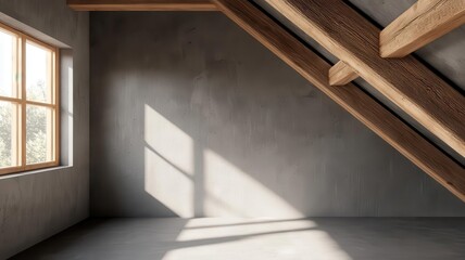 Obraz premium Insulation concept. Modern interior space with natural light through window, featuring wooden beams and concrete walls, minimalist design.