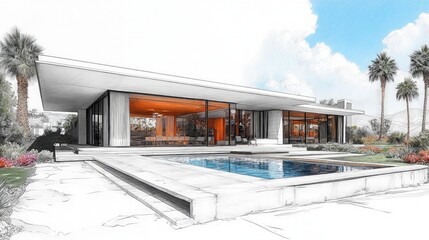 Naklejka premium Mid-Century Charm in Palm Springs, a colored pencil drawing depicting the elegant lines and textures of iconic architecture, enhanced with a black and white ambient occlusion map