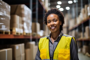 Naklejka premium Portrait of a smiling African American female warehouse worker