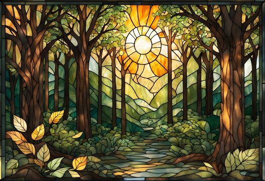 A forest themed stained glass design with trees leaves and golden sunlight, AI Generated