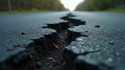 Fototapeta premium A close-up of a deep, jagged crack splitting an asphalt road, showing the impact of seismic activity. The surrounding area fades into soft focus, emphasizing the damage.
