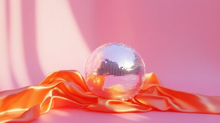 Glittering disco ball with orange ribbon casting reflections on a soft pink backdrop, creating a vibrant three-dimensional ambiance.