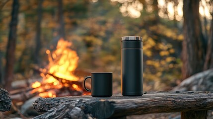 Obraz premium A black metal thermos and mug sit on a rustic wooden table beside a glowing campfire, surrounded by a serene forest landscape at sunset.