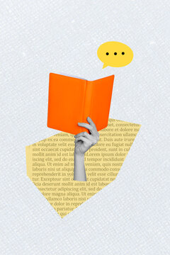 Vertical photo collage of hand hold book education bookworm hobby reader planner encyclopedia novel isolated on painted background