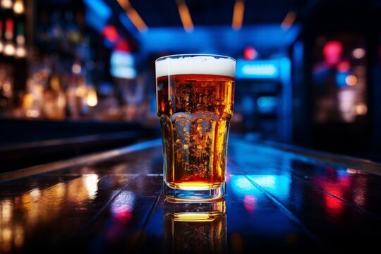 Close-up of beer glass with foam in dimly lit bar