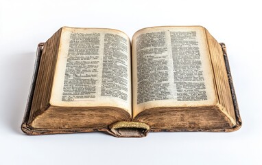 Obraz premium Open hardcover book with visible text and pages, placed neatly on a white background, professional studio lighting 